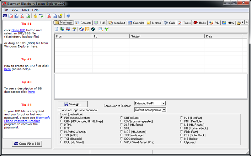 Elcomsoft BlackBerry Backup Explorer main window